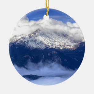 Pikes Peak with Fresh Snowfall and Clouds Ceramic Ornament