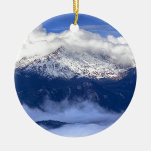Pikes Peak with Fresh Snowfall and Clouds Ceramic Ornament