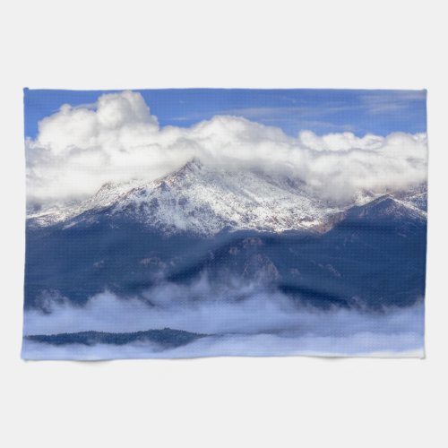Pikes Peak with Fresh Snowfall and Clouds Kitchen Towel