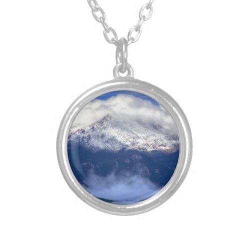 Pikes Peak with Fresh Snowfall and Clouds Silver Plated Necklace