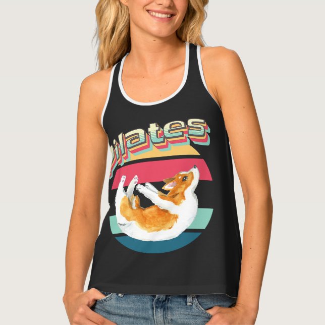 Pilates Corgi with Retro Sunset Tank Top (Front)