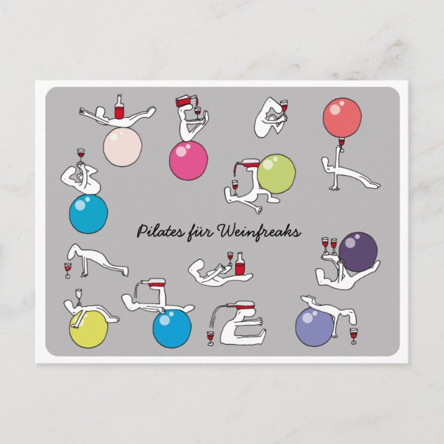 Pilates for wine lovers postcard, gray GERMAN Postcard (Front)