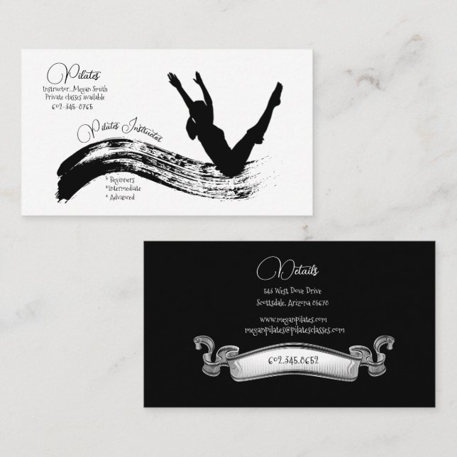 Pilates Instructor Silhouette Pose Black & White  Business Card (Front/Back)
