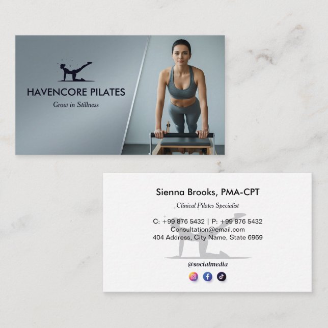 Pilates Studio Business | Modern Gray Barcode Business Card (Front/Back)