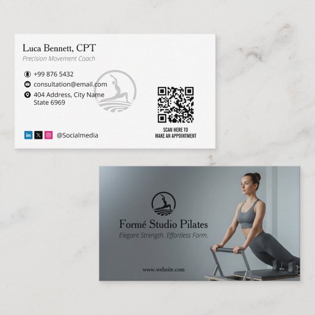 Pilates Studio Business | Modern Gray Barcode Business Card (Front/Back)