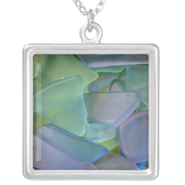Pile of blue beach glass, Alaska Silver Plated Necklace (Front)