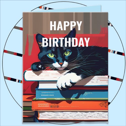 PILE OF BOOKS Black  White Cat Card