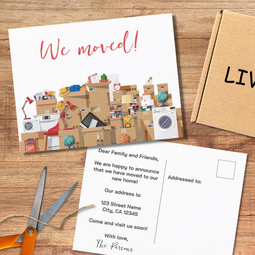 Pile of Boxes and Objects Moving Announcement Postcard