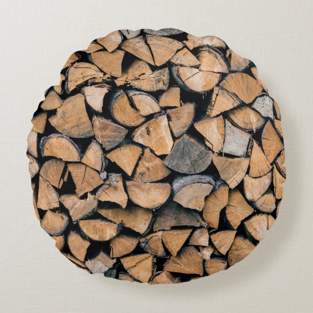 Pile of brown firewood round pillow (Front)