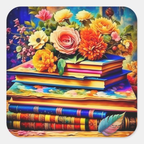 Pile of Vintage Books and Flowers Square Sticker