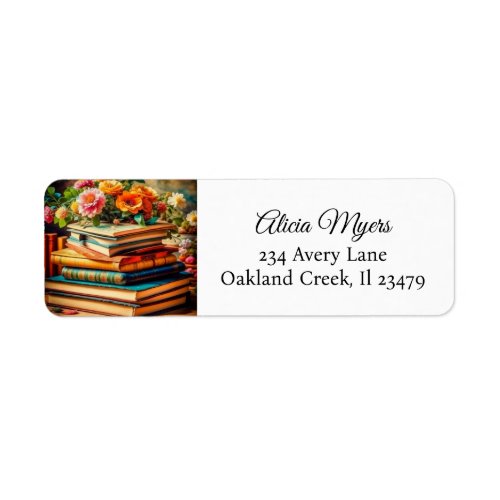 Pile of Vintage Books and Pretty Flowers Label