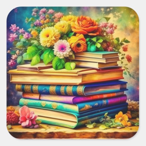 Pile of Vintage Books and Pretty Flowers Square Sticker