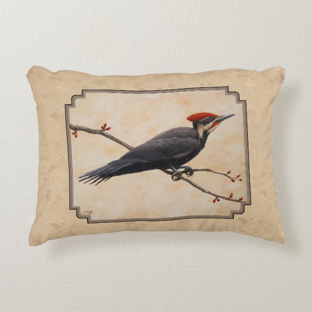 Pileated Woodpecker Tan Accent Pillow (Front)