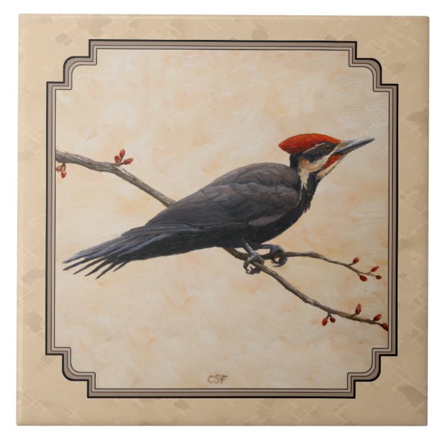 Pileated Woodpecker Tan Ceramic Tile (Front)