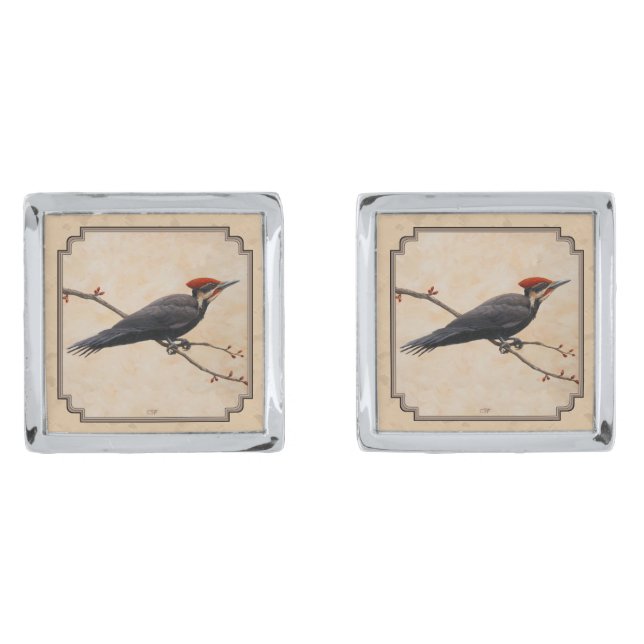 Pileated Woodpecker Tan Cufflinks (Front)