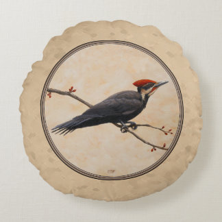 Pileated Woodpecker Tan Round Pillow