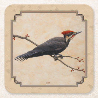Pileated Woodpecker Tan Square Paper Coaster