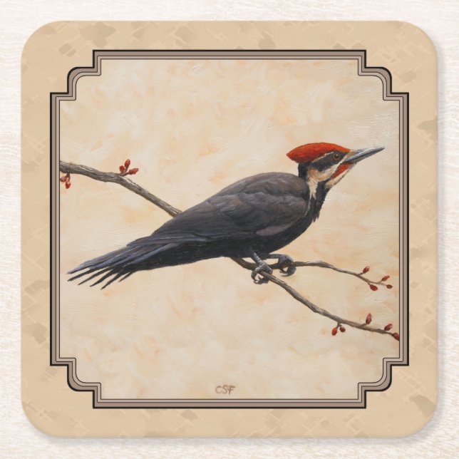 Pileated Woodpecker Tan Square Paper Coaster (Front)