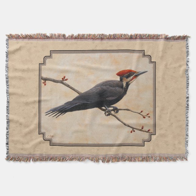 Pileated Woodpecker Tan Throw Blanket (Front)