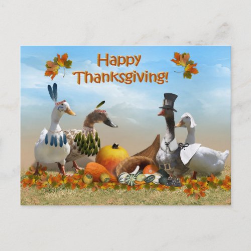 Pilgrim and Indian Ducks Thanksgiving Holiday Postcard