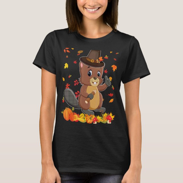 Pilgrim Beaver Happy Thanksgiving Thankful Pumpkin T-Shirt (Front)