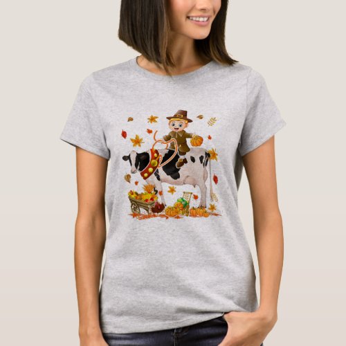 Pilgrim Boy Riding Cow Thanksgiving Pilgrim Boy T_Shirt