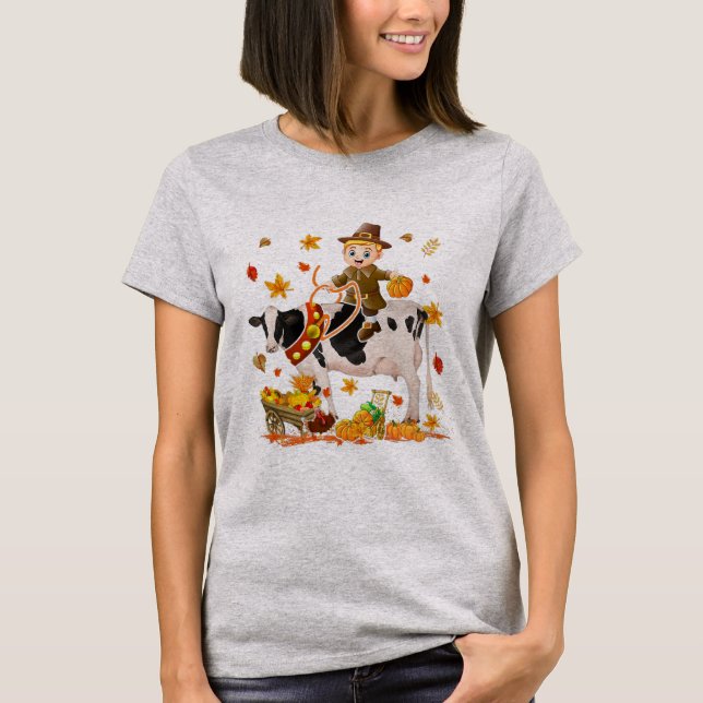Pilgrim Boy Riding Cow Thanksgiving Pilgrim Boy T-Shirt (Front)