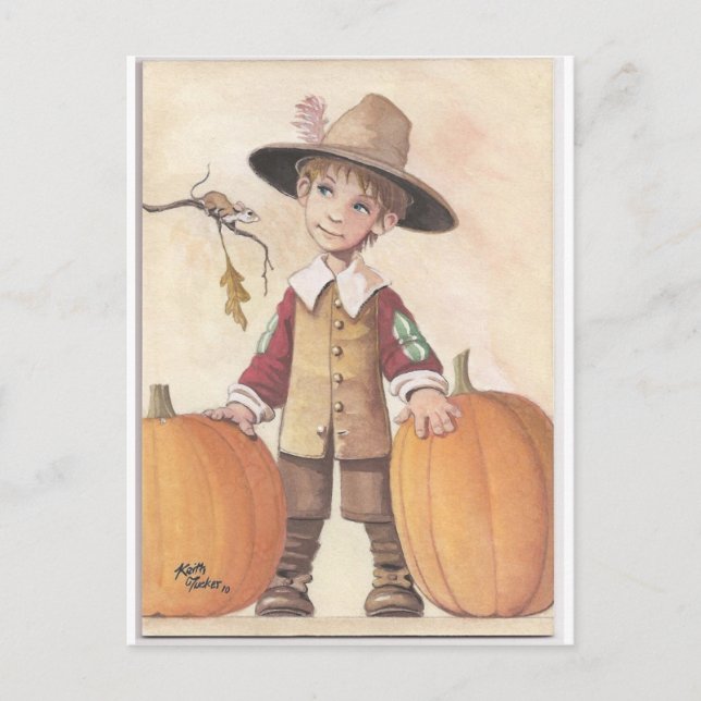 pilgrim boy with pumpkins postcard (Front)