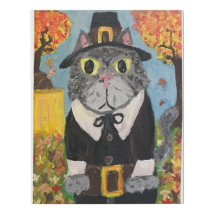 Pilgrim Cat Folk Art Thanksgiving Husband Painting Faux Canvas Print