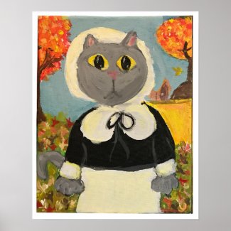 Pilgrim Cat Thanksgiving Girl Painting Folk Art 