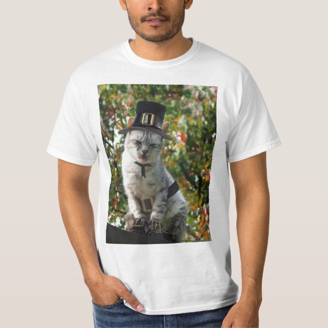 Pilgrim Cat Thanksgiving T-Shirt (Front)