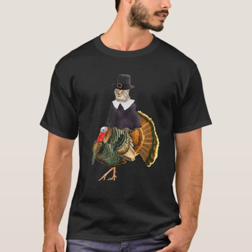 Pilgrim Costume Cat Riding Turkey_Cat Thanksgiving T_Shirt