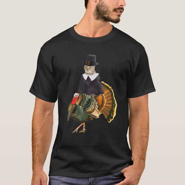 Pilgrim Costume Cat Riding Turkey-Cat Thanksgiving T-Shirt (Front)
