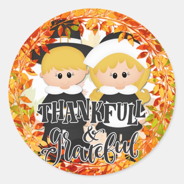 Pilgrim Couple - Thankful & Grateful Classic Round Sticker (Front)