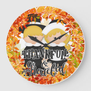 Pilgrim Couple - Thankful & Grateful Large Clock