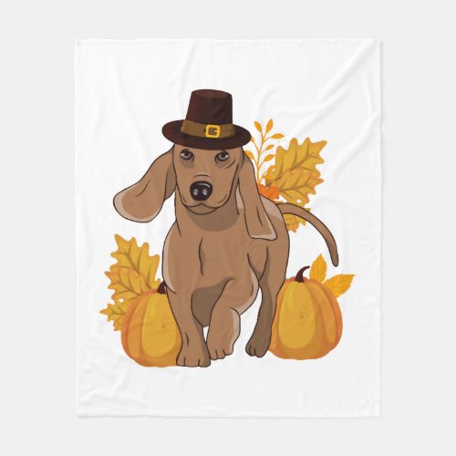 Pilgrim dachshund pumpkin leaves Thanksgiving Fleece Blanket