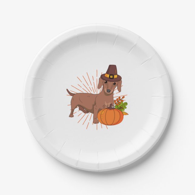 Pilgrim dachshund pumpkin leaves Thanksgiving  Paper Plates (Front)