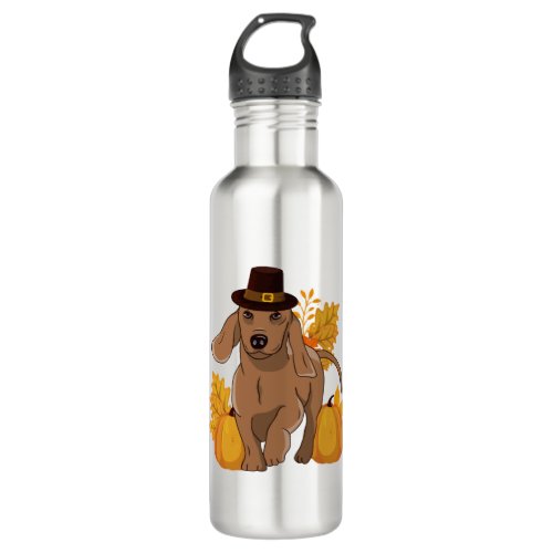 Pilgrim dachshund pumpkin leaves Thanksgiving Stainless Steel Water Bottle