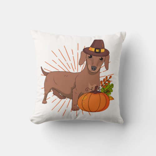 Pilgrim dachshund pumpkin leaves Thanksgiving  Throw Pillow