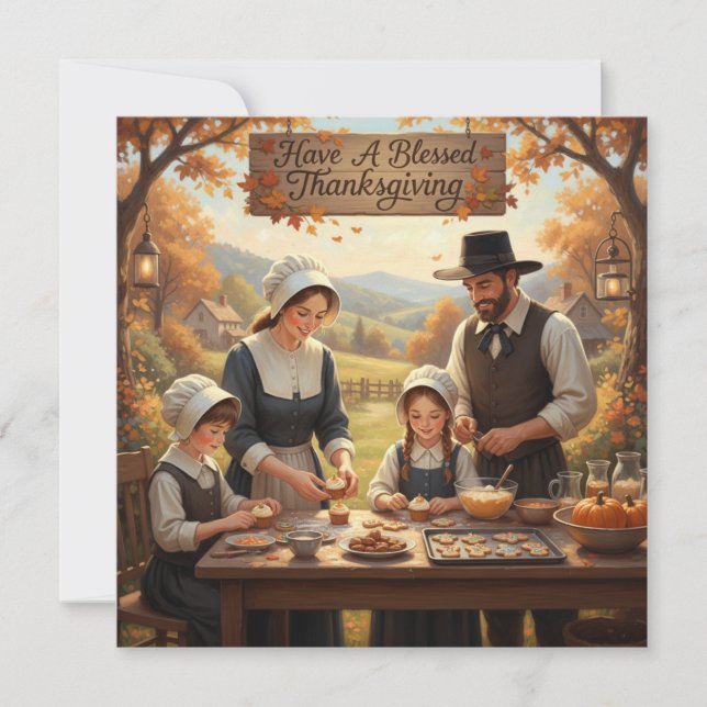 Pilgrim Family Making Thanksgiving Cookies  Holiday Card (Front)