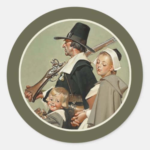 Pilgrim Family Vintage Art Thanksgiving  Classic Round Sticker