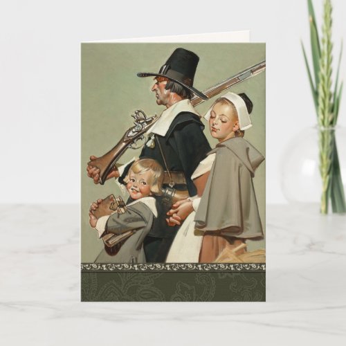 Pilgrim Family Vintage Art Thanksgiving Holiday Card