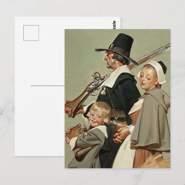 Pilgrim Family. Vintage Art Thanksgiving  Postcard (Front/Back)