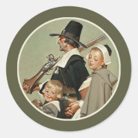 Pilgrim Family.Vintage Art Thanksgiving Stickers