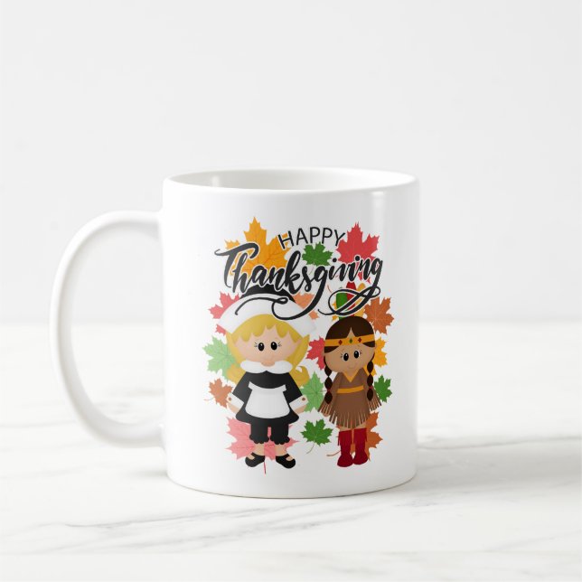 Pilgrim Girl & Native Girl - Happy Thanksgiving Coffee Mug (Left)