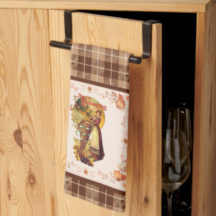 Pilgrim Girl on Plaid Thanksgiving Kitchen Towel