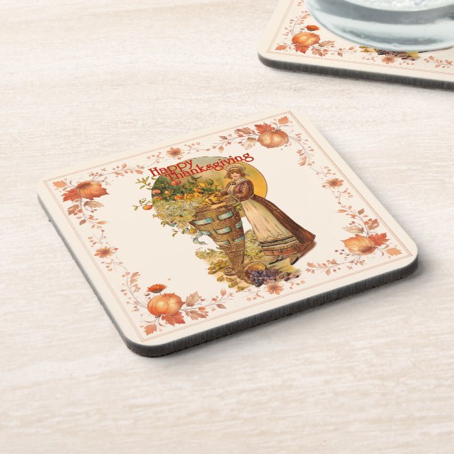 Pilgrim Girl Thanksgiving Beverage Coaster (Left Side)