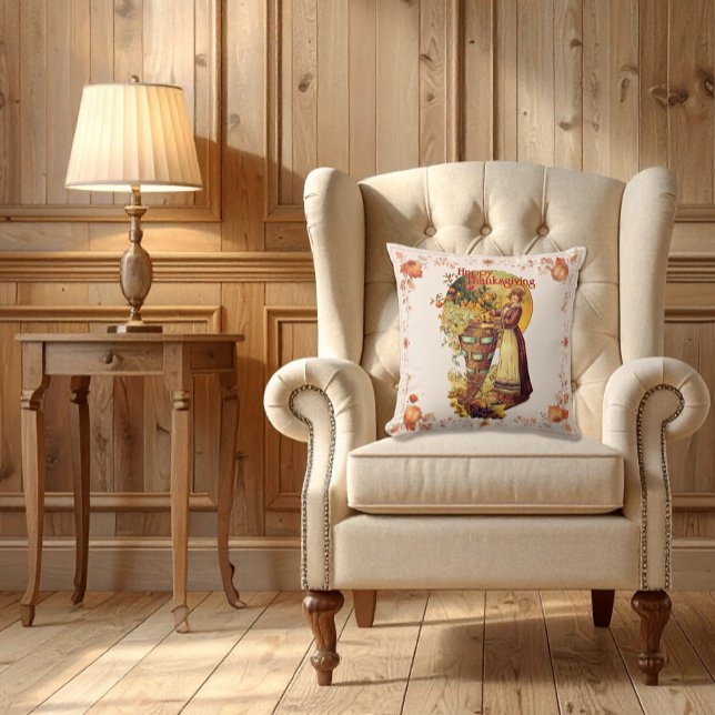 Pilgrim Girl Thanksgiving Throw Pillow (Pilgram Girl Thanksgiving Pillow)