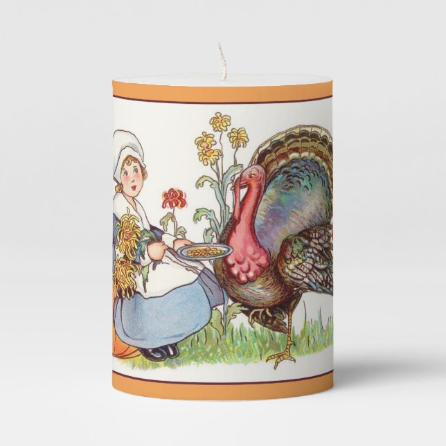 Pilgrim Girl With Turkey Pillar Candle (Front)