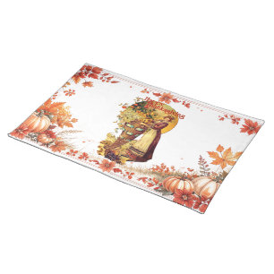 Pilgrim Girl with Victorian Style Thanksgiving Cloth Placemat
